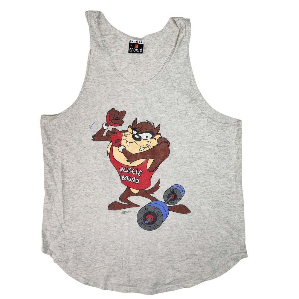 Vintage 1993 Signal Sports Taz Muscle Bound Tank Top XL Gray Looney Tunes Gym